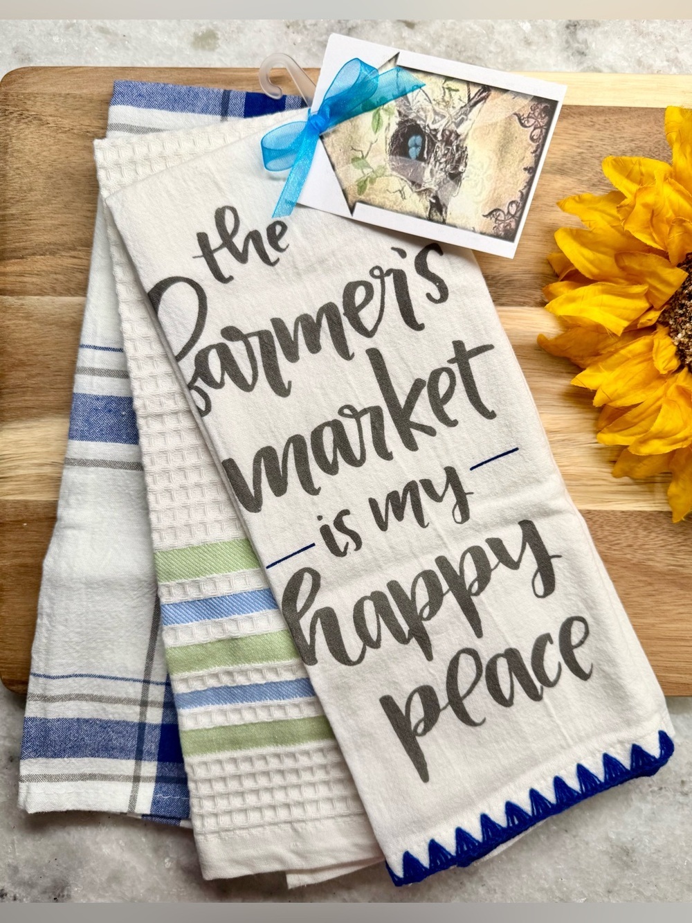 New Farmer’s Market Blue Stripes & Plaid 100% Cotton Kitchen Towel Set of 3